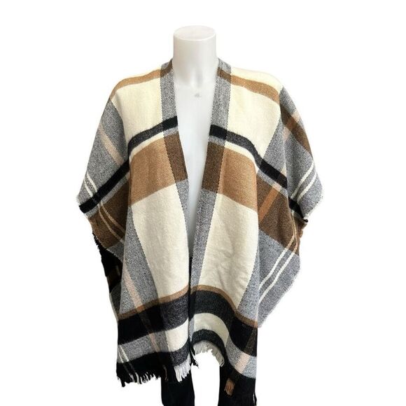 LOFT Plaid Earth Tone Knit Poncho Kaftan Fringed Hems Oversized XS/‎ S - Picture 1 of 8